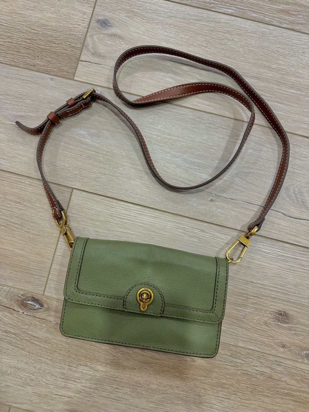 Fossil Green Leather Crossbody Bag with Gold Hardware